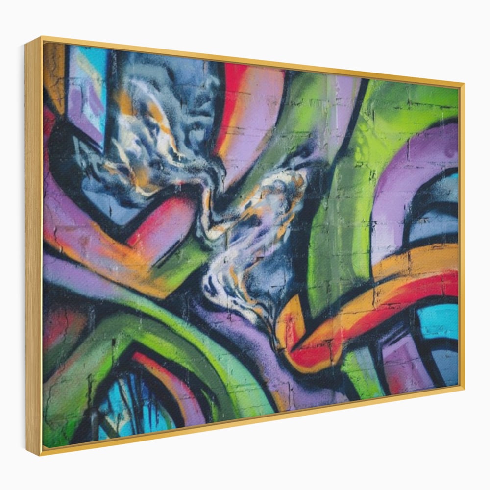 Tablou canvas cu tablou canvas cu graffiti abstract colorat, in rama de aluminiu auriu